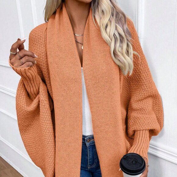 Orange Casual Women's Solid Color Bat Wing Sleeve Loose Open Front Cardigan - Picture 4 of 6